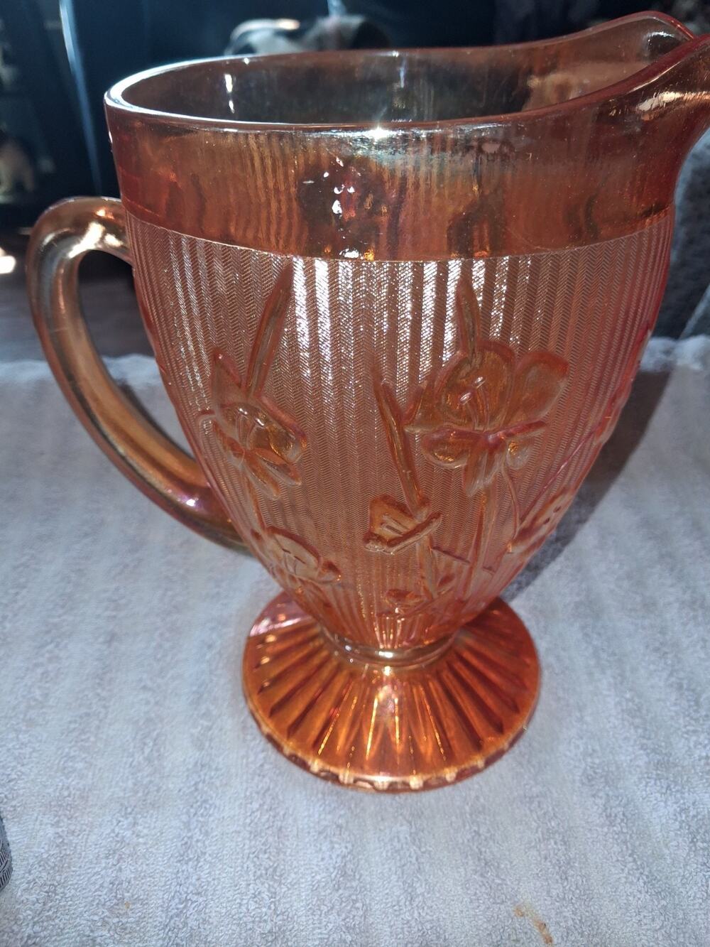 Jeannette Glass Company Marigold Carnival Glass Pitcher Iris & Herringbone